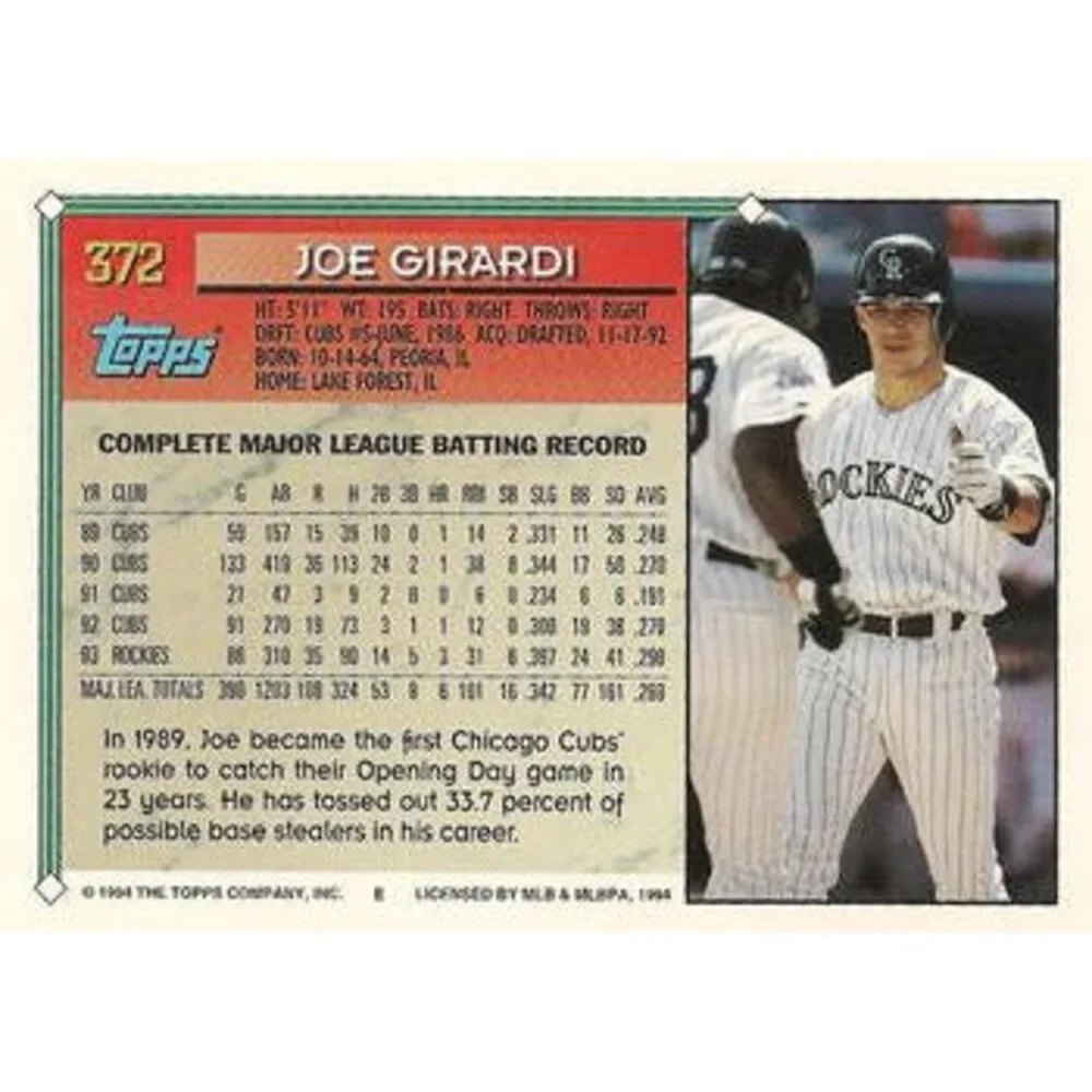 1994 Topps Joe Girardi # 372 Colorado Rockies